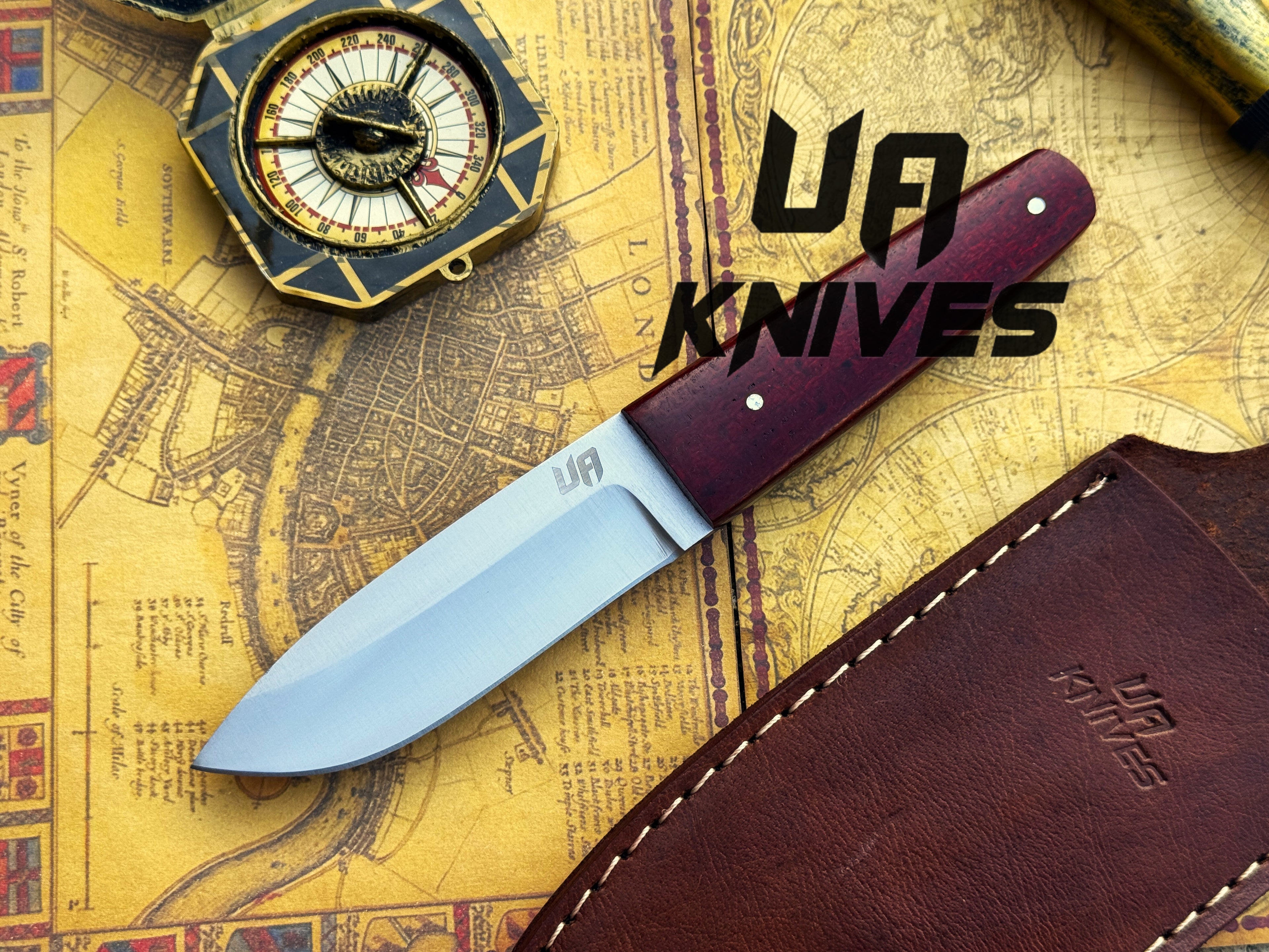UA Horizon handmade camping knife with 12C27 stainless steel skinner blade and G10 Micarta handle, ideal for outdoor use.