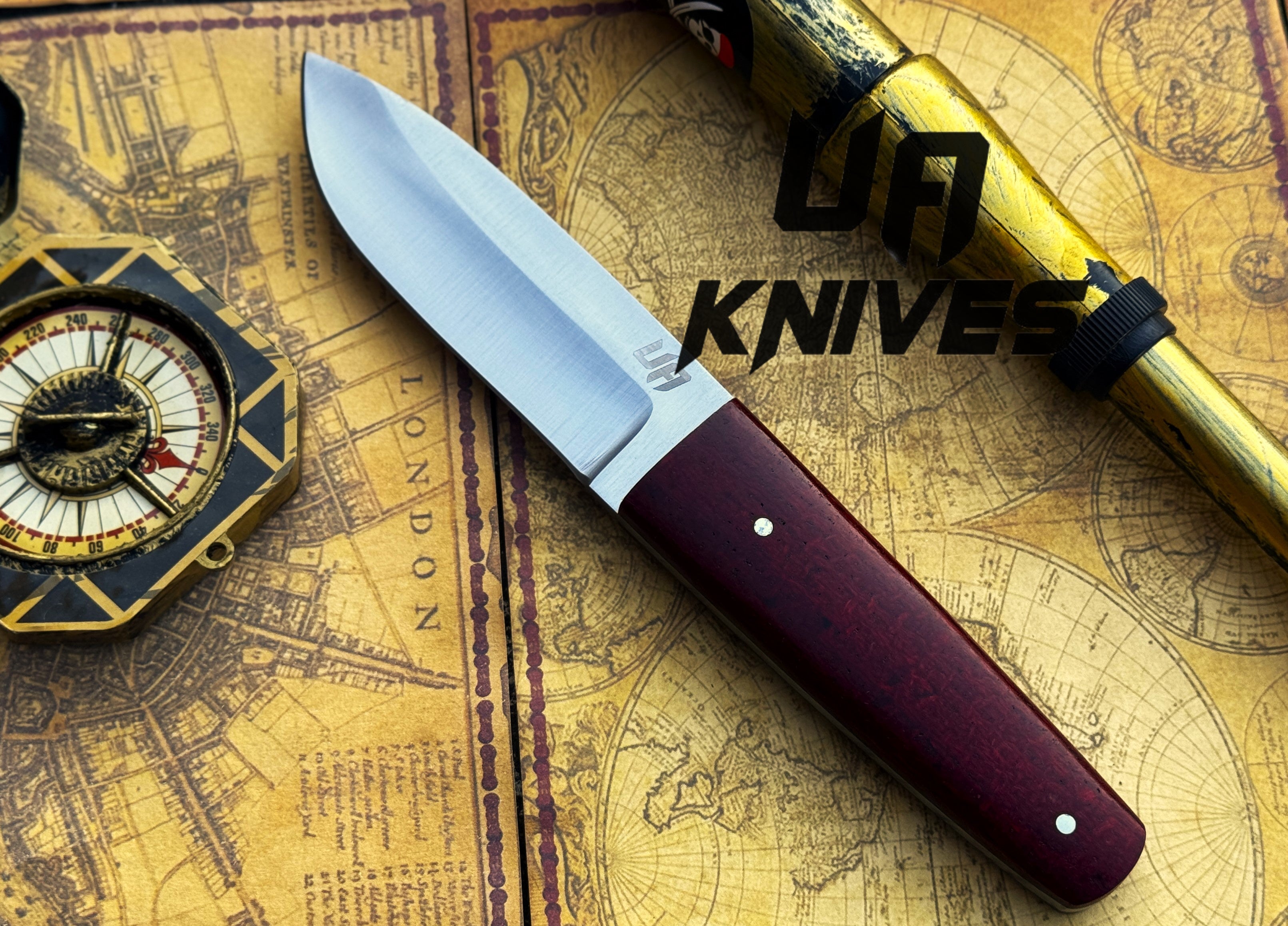 UA Horizon handmade camping knife with 12C27 stainless steel skinner blade and G10 Micarta handle, ideal for outdoor use.