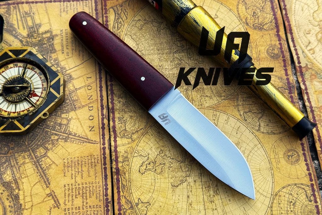 UA Horizon handmade camping knife with G10 Micarta handle and 12C27 stainless steel skinning blade, ideal for outdoor use.
