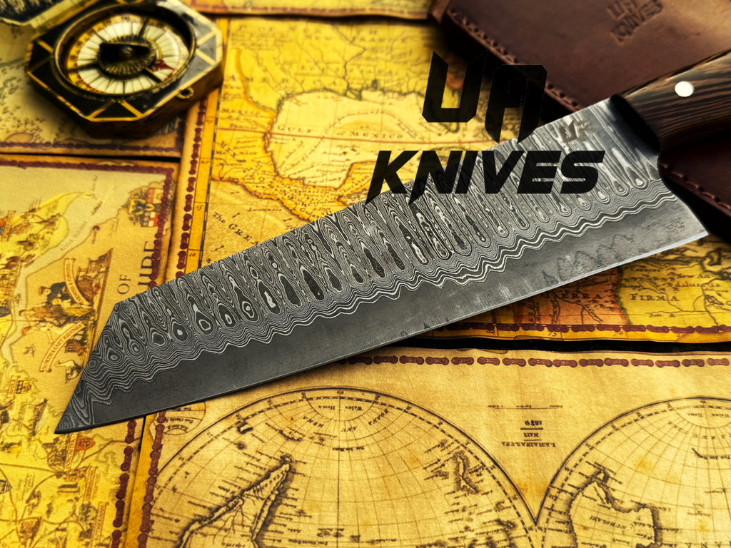 Premium damascus kitchen knives with razor sharp blade and wooden handle